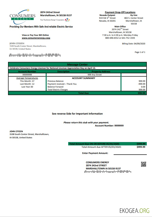 USA Iowa Consumers Energy utility bill template in Word and PDF format
